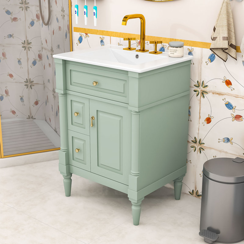 Meuble-lavabo autoportant avec lavabo, rangement réglable, Vert