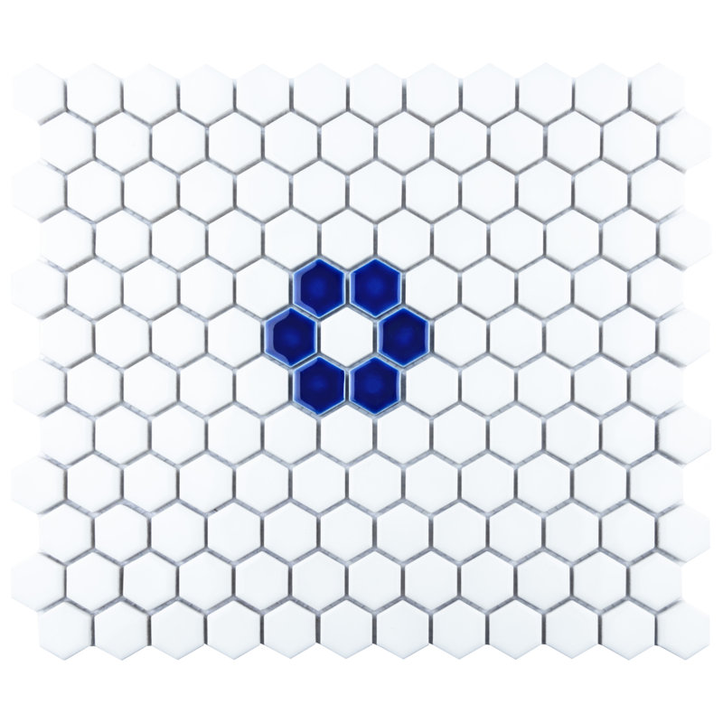 Metro Ion 1" Hex Sapphire Single Flower Wht 10-1/4" x 11-7/8" Porcelain Mosaic Floor & Wall Tile