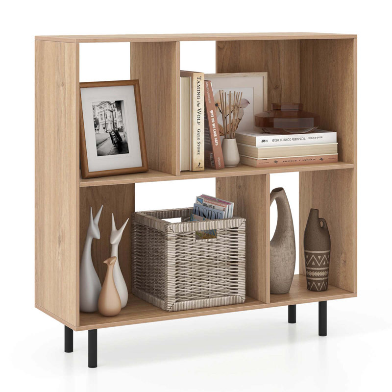 Open Shelf Bookcase Mid Century Modern Cube Bookshelf With 4 Compartments, Natural