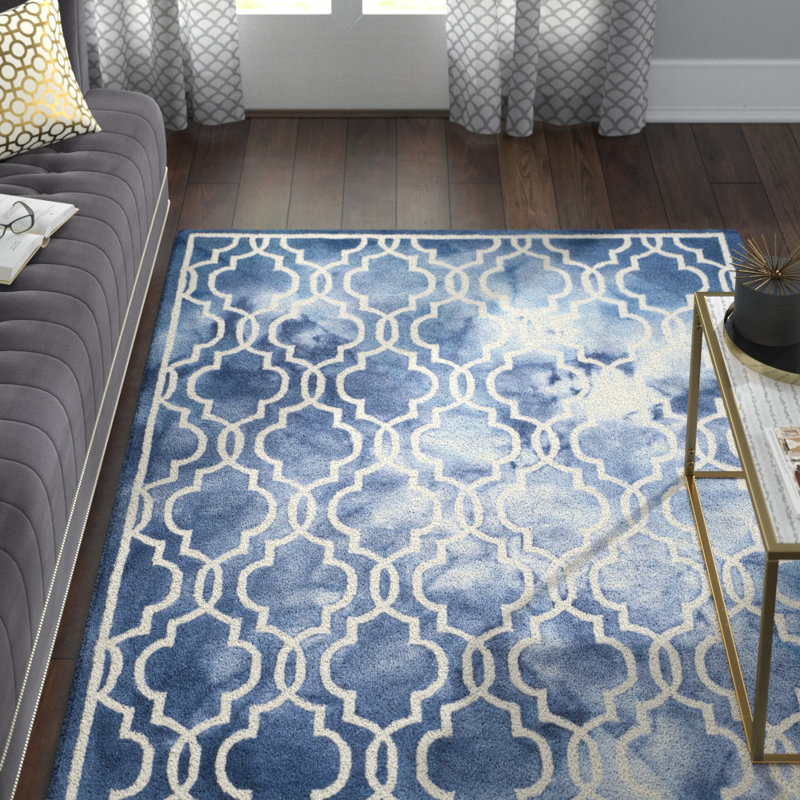 Tapis bleu / ivoire en laine touffeté à la main Deschamps, Rectangle 5 pi x 8 pi