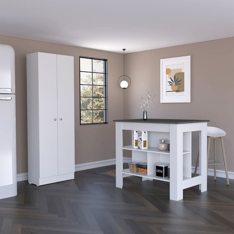 Arloa 2 Piece Kitchen Set, Kitchen Island + Kitchen Pantry, White/Onyx