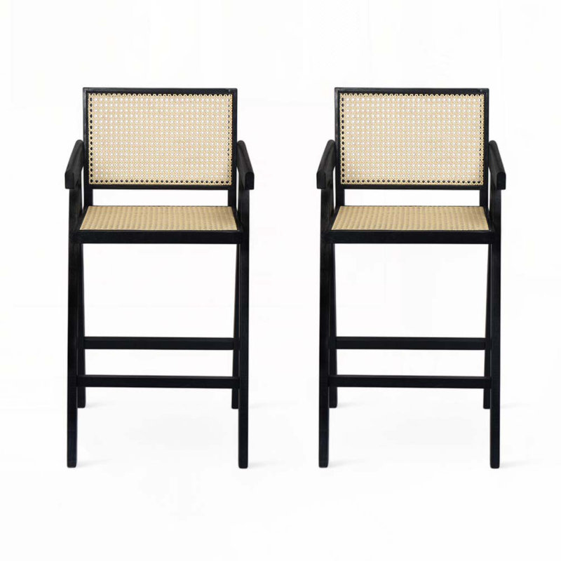 Hassan 27’’ Rubberwood Counter Stools With Cane Webbing, Beige/Black 1
