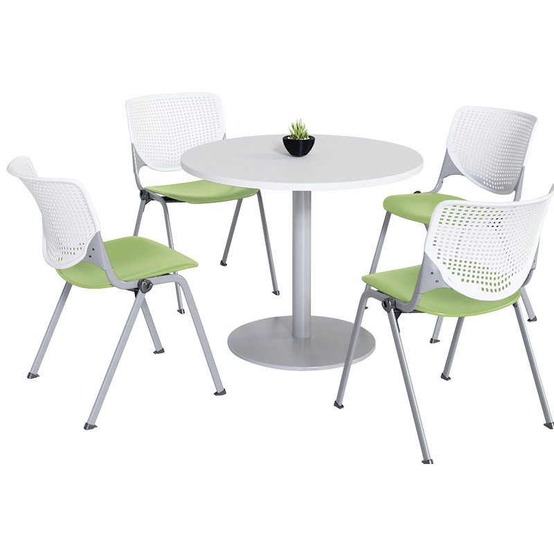 Mode Round Breakroom Table Set With 4 Kool Stacking Chairs, 29" H x 36" L x 36" W, White/White/Lime Green