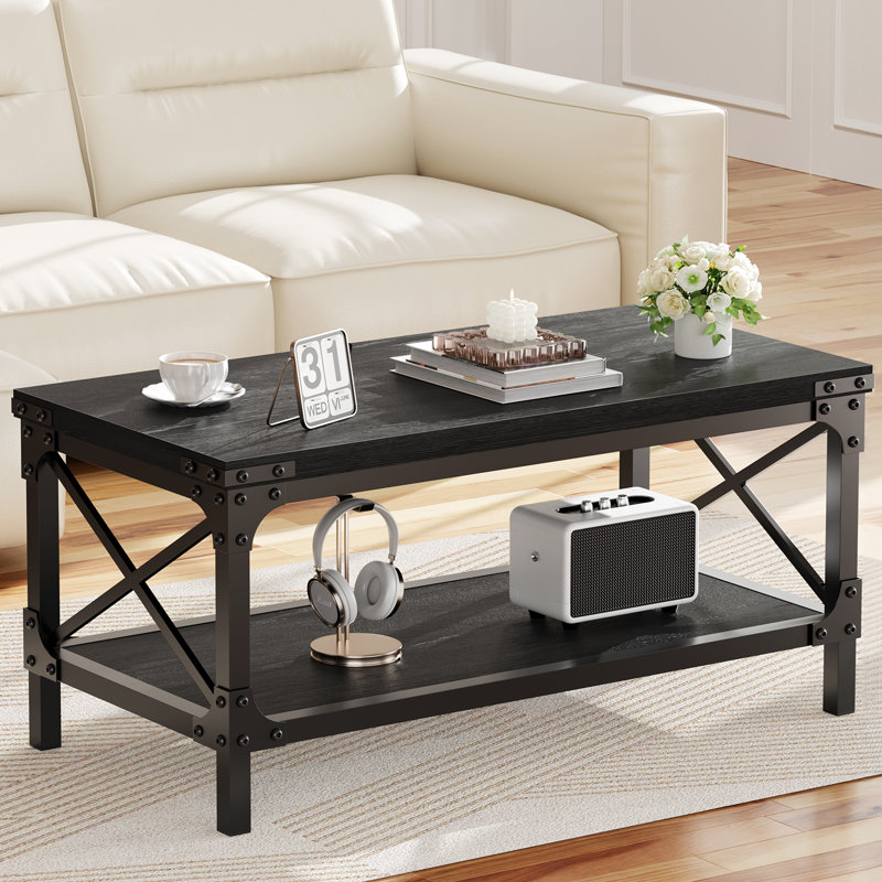 Rectangle Coffee Table, 2 Tier Industrial Coffee Table for Living Room, Wood Thickened Tabletop and Metal Frame, 31.5inch