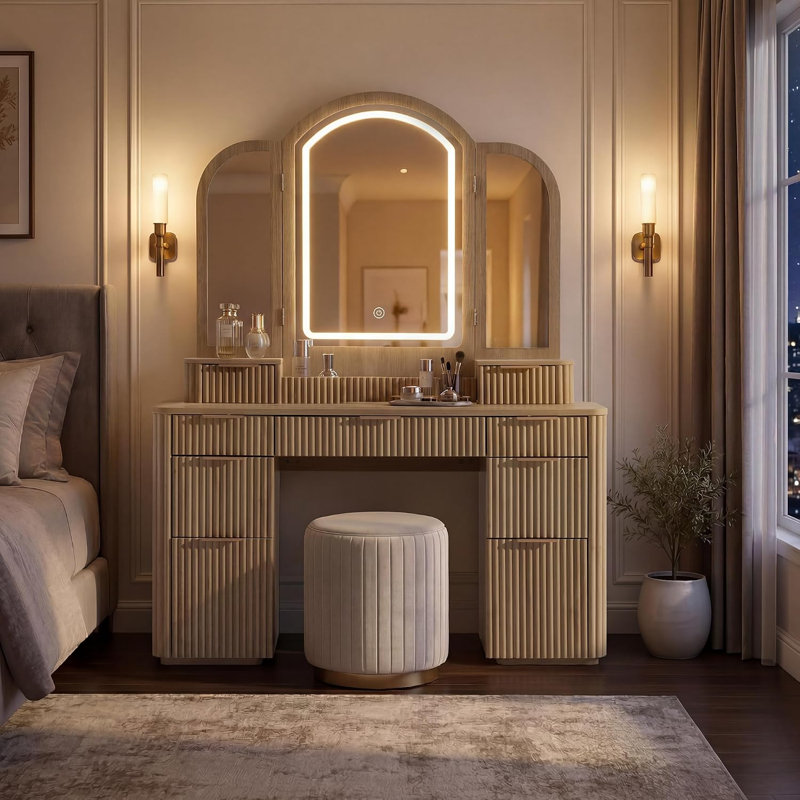 Meuble-lavabo cannelé l 53 po à 9 tiroirs avec miroir arqué à 3 lumières DEL, coiffeuse cannelée moderne à 3 côtés, Chêne