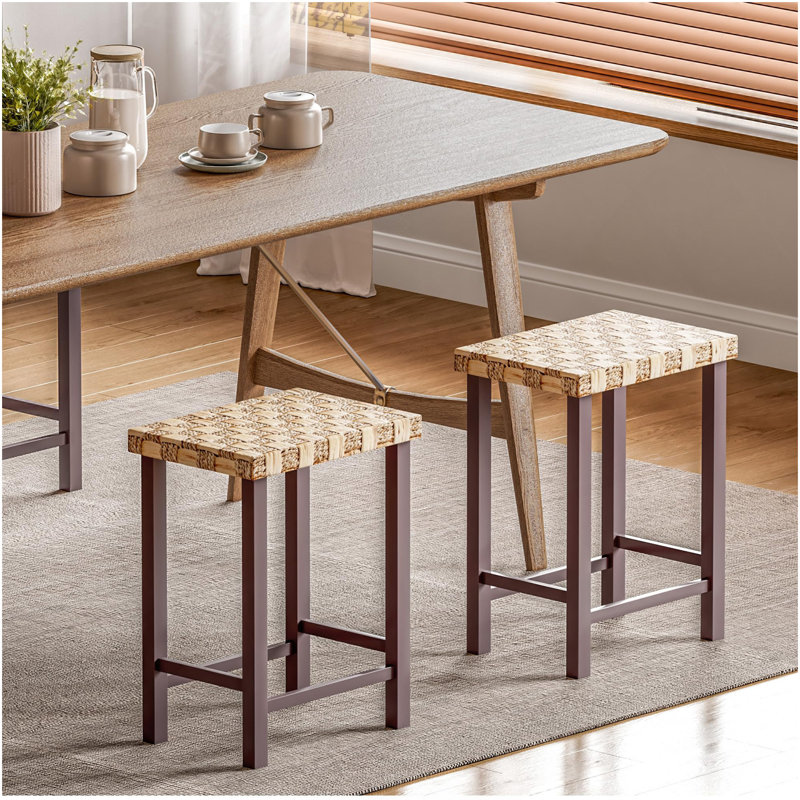 Ensemble de 3 tabourets de bar Seagrass tissés à la main - hauteur réglable de 26,3 po, pieds en bois d'hévéa, capacité de 250 lb, tabourets de comptoir rustiques pour îlot de cuisine