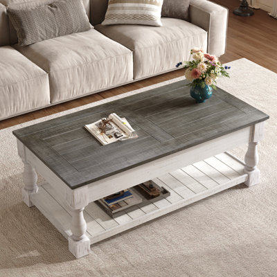 Table basse à plateau relevable avec tablette fixe - 3 plateaux de rangement cachés, plateau de table en bois massif fabriqué à la main, table de salon polyvalente à deux niveaux, brun antique et blanc antique