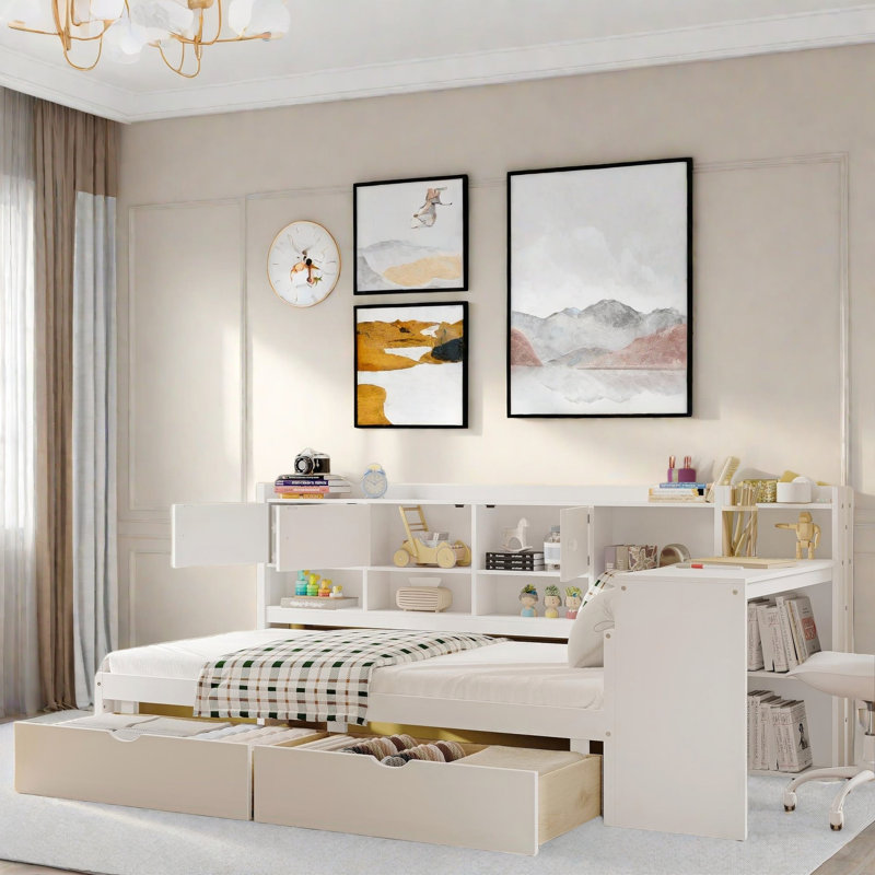 Wooden L-shape Daybed With Seven Storage Cabinets, Study Desk, Built-in Bookshelf And Two Drawers, White