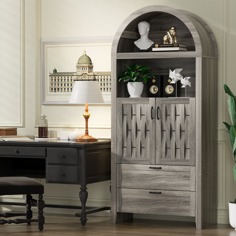 Arched Cabinet Bookshelf Bookcase - 71” Tall Mid Century Arched Display Cabinet, Open Shelf Storage Cabinet for Dining Room