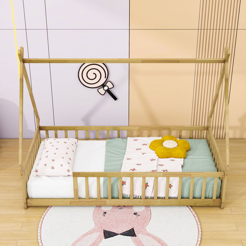 Twin Bed With Guardrails And Slats, Natural
