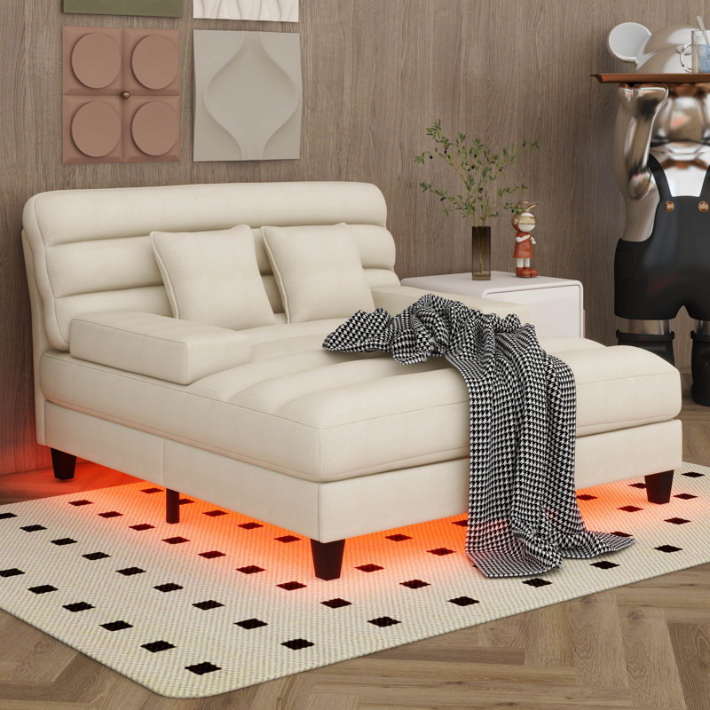 Méridienne de 57,1 po avec dossier réglable, canapé-lit en chenille et canapé-lit avec bande lumineuse à DEL, Beige