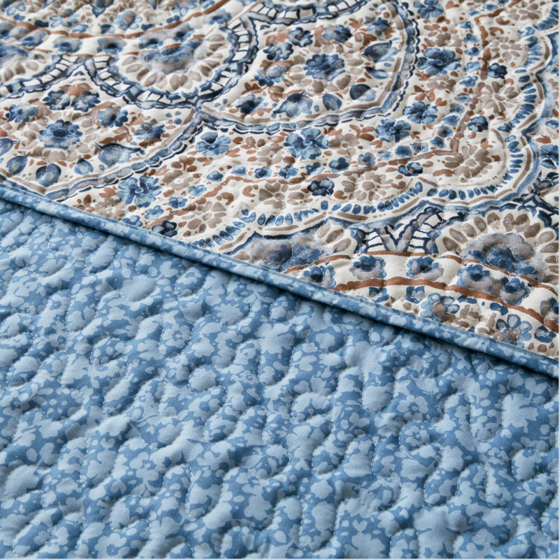 Courtepointe réversible à motif floral 3 pièces King Boho, Bleu