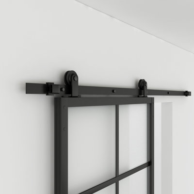 JUBEST Sliding Door Black Track Kit, Top Mounted Roller Hanger(DOOR NOT INCLUDED)