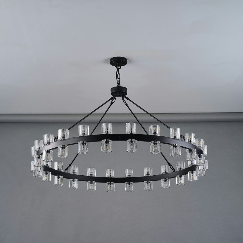 48-Lights Modern Wagon Wheel Chandelier With Crystal Shade (Bulbs Include), Matte Black