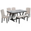Table de salle à manger de style moderne 6 pièces avec 4 chaises et 1 banc, table avec placages marbrés et pieds en V