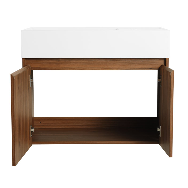Armoire et lavabo de salle de bain 30 pouces - Conception moderne, fonction de fermeture en douceur, fabrication en contreplaqué, couleur noyer, fixation flottante, pour petites portes de salle de bain, matériau, lavabo en résine, couleur, fixation, petits espaces de bain