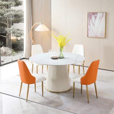 Table de salle à manger en pierre frittée blanche 53 pouces ronde - révélant une résistance aux taches et à la chaleur de 53 po