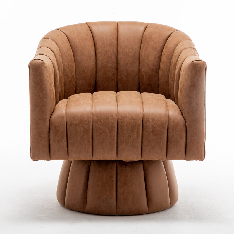 Faux Leather Upholstered Swivel Barrel Chair, 1, Brown Faux Leather