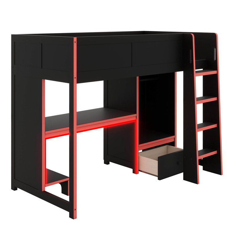 Lit mezzanine avec bureau intégré, garde-robe et lumières DEL, poste de travail peu encombrant, tiroir de rangement