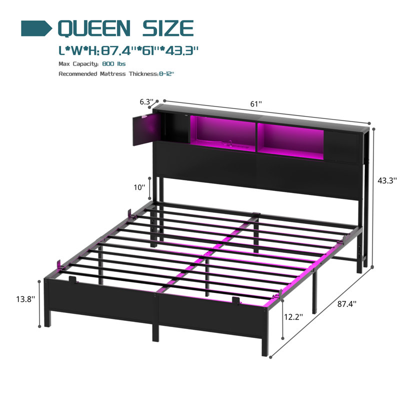 Kailynn Metal Bed Frame with Headboard, LED Lights and USB Ports, Large Storage Space, Queen, Black