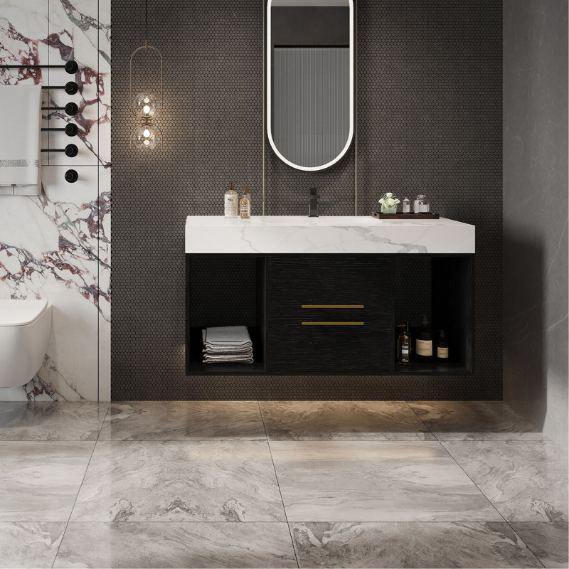 Meuble-lavabo 39,4 po avec lavabo en céramique, meuble-lavabo flottant, armoire de rangement murale avec 2 tiroirs et 2 espaces de rangement, meuble-lavabo moderne avec poignées en métal