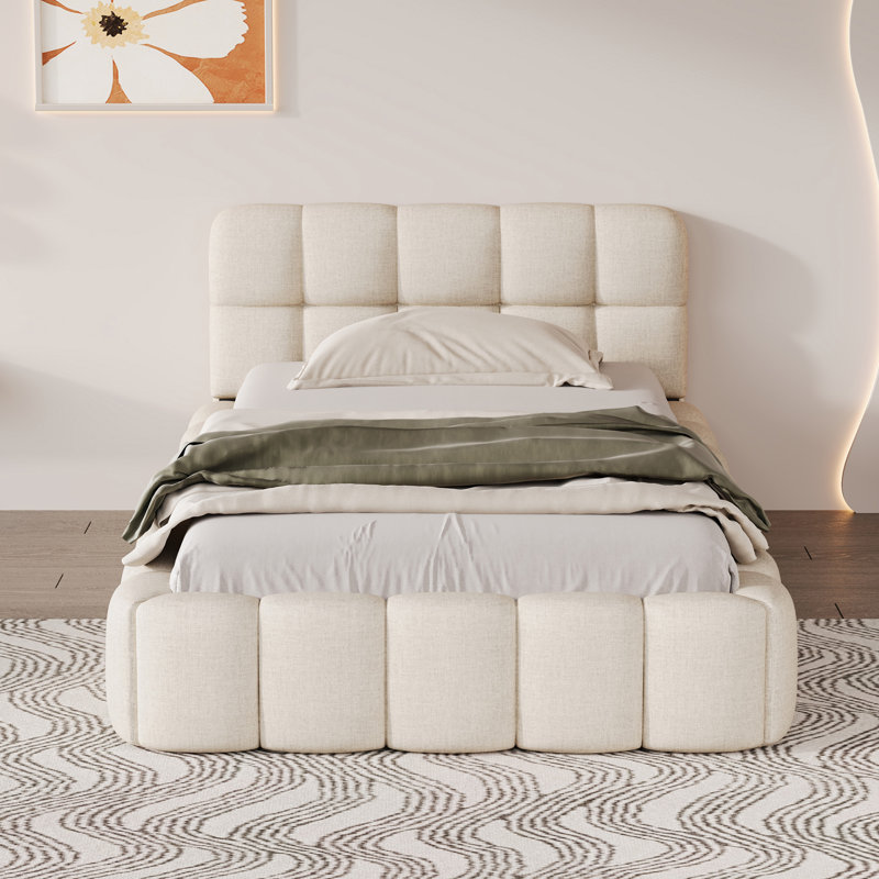 Upholstered Bed Frame With Headboard, Single (3'), Beige