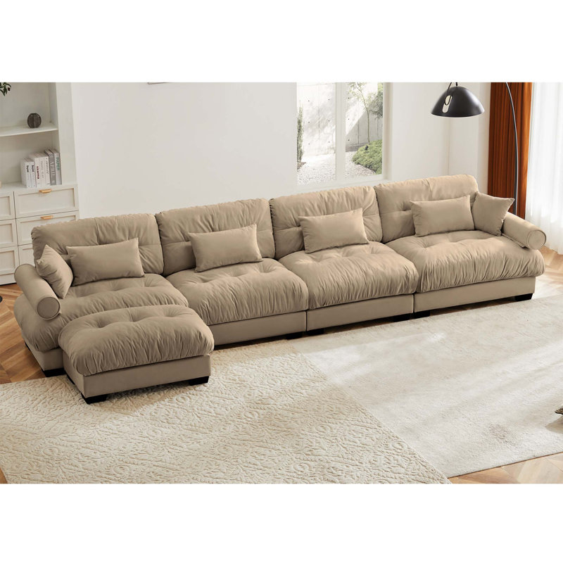 L Shaped Sectional Cloud Sofa , Convertible Deep 4 Seater Modular Couch For Living Room,Modern Velvet Comfy Upholstered Corner Couch Waist Pillows, Throw Pillows And Blosteredarmrests