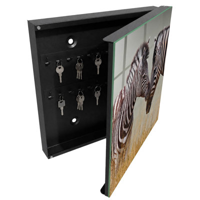 Key storage box, Opens to the right, 30x30x5, Black, Zebras in nature with grasses and a beige background, 