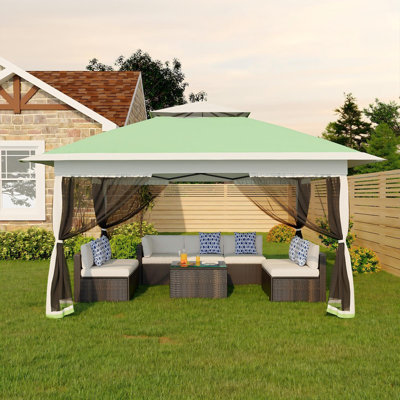 Tente 12 po x 12 pi avec auvent escamotable, pavillon de jardin à installation simple avec moustiquaire, 4 sacs de sable, hauteur réglable