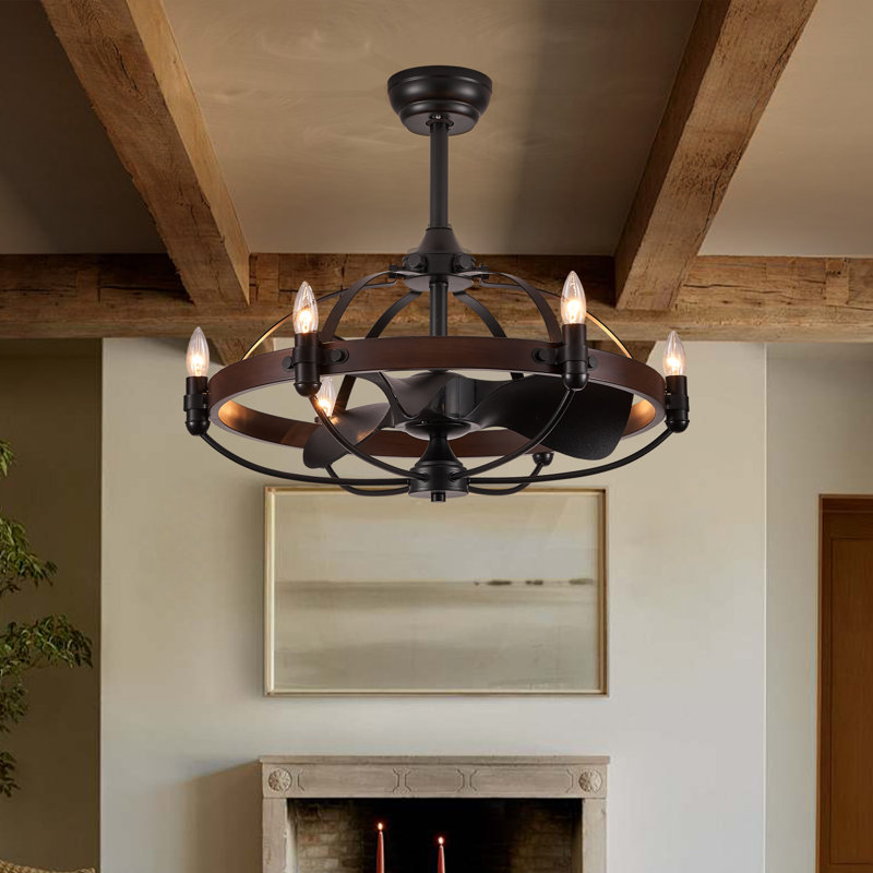 Cinta 27.17" Classic Black Caged Farmhouse Ceiling Fan With Light Kit And Remote Control, Dark Brown