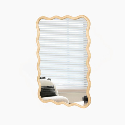 Solid Wood Wavy Rectangle Mirror-Natural-Wood 40" X 28" Modern Mirror Wall Decor For Bathroom, Bedroom, Living Room, Dining Room, Cloakroom, Entryw