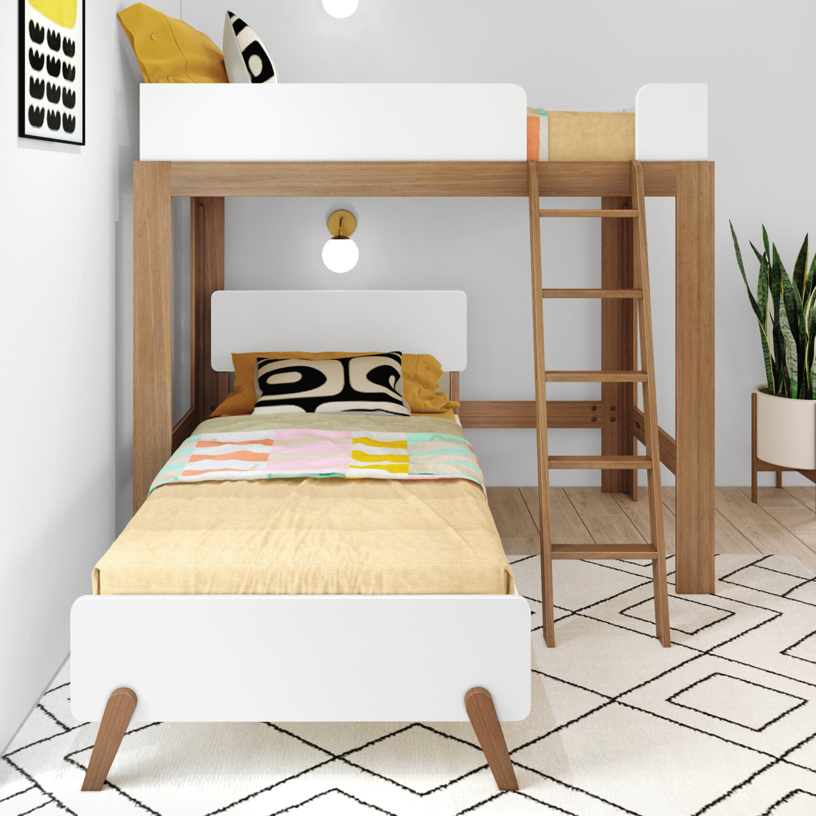 Ambur L-Shaped Bunk Bed, Twin over Twin, White/Brown