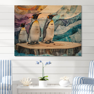 Penguin Family On The Slide II - Penguin Wood Wall Decor - On Natural Pine Wood