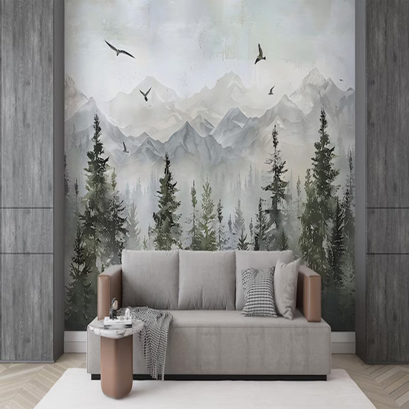 Misty Forest Mountain Landscape Wall Mural, 106" L x 138" W
