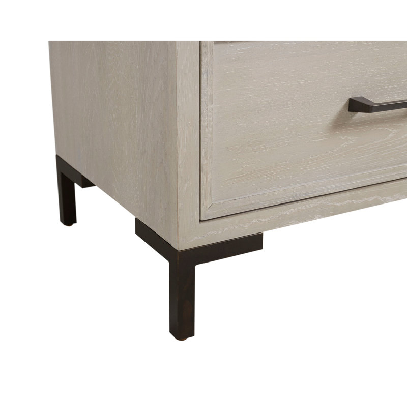 Table de chevet Bedy, tiroir et casier, métal noir, bois de chêne blanc antique