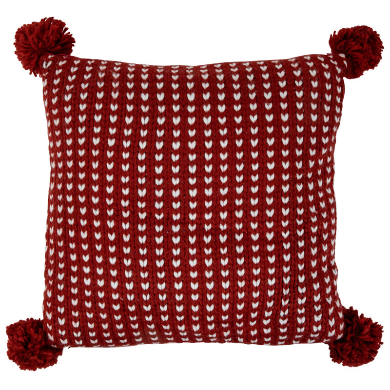 Coussin 18 "en tricot rouge et blanc avec pompons, Pois rouges, Carré 18 po