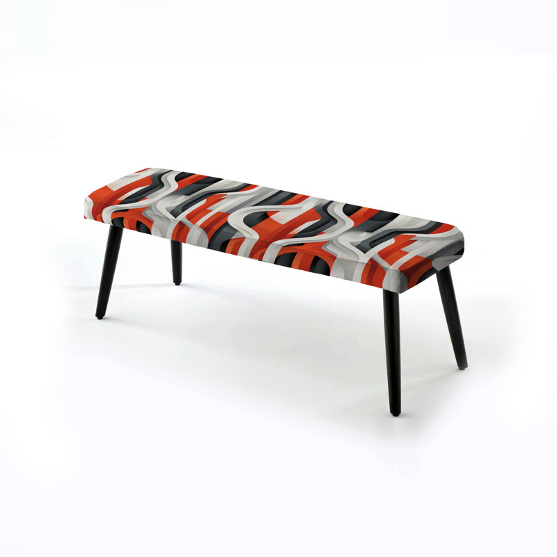 Banc rembourré rayé gris et rouge à motif géométrique