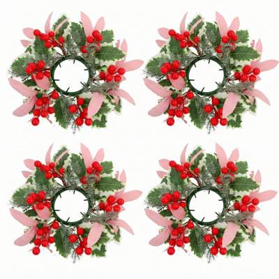 4 pièces de couronnes de bougie de Noël artificielles de 11,8 pouces, feuillage rose avec grappes de baies rouges, petite couronne de bougie de Noël pour centre de table, manteau de cheminée, décoration de fête de Noël