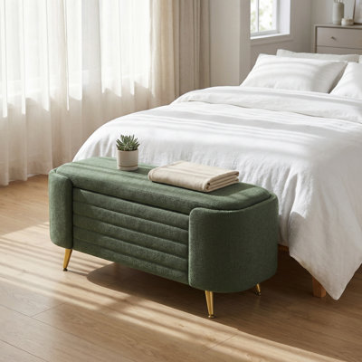 Banc de rangement moderne rembourré ovale avec compartiment caché et pieds en métal pour le salon, la chambre à coucher ou le vestibule