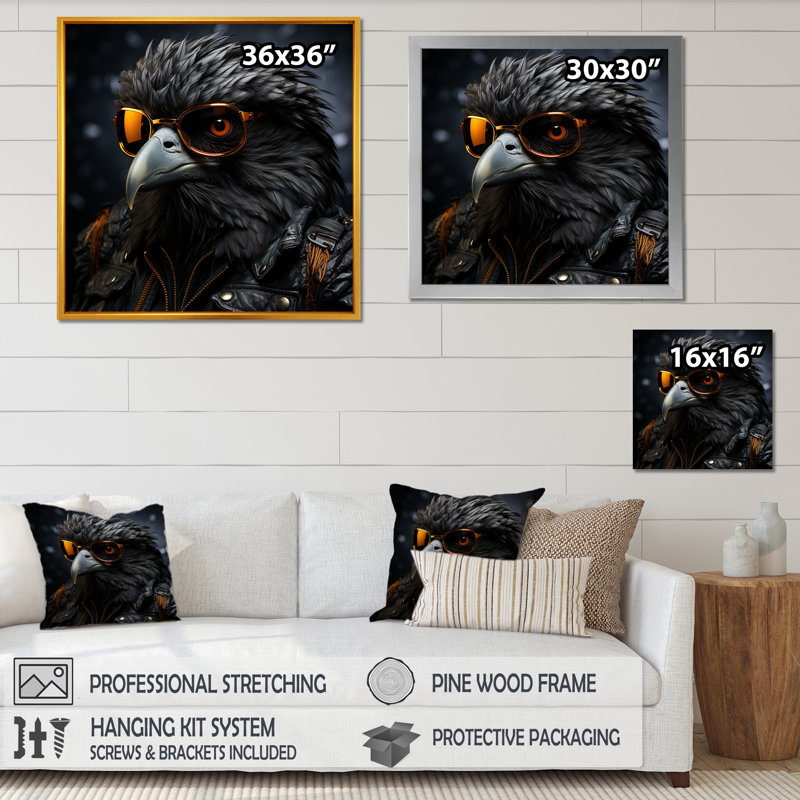 Cool Black Bird Noir Aviators - Art mural sur toile, oiseau, Cadre doré simple, H 16 po x l 16 po x P 1 po
