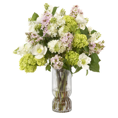 Lilac, Anemone, And Snowball Bouquet In Glass Vase