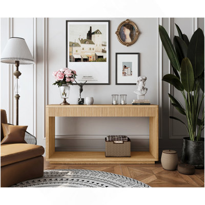 Table de bout cannelée 60 po à 2 tiroirs de 60 po avec placage en bois naturel pour table de salon, couloir, vestibule, bureau personnel, bois naturel