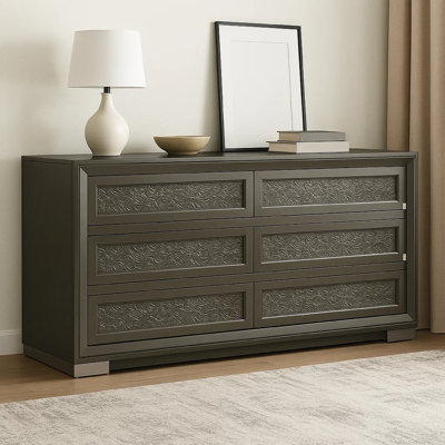 Levi 6 Drawer Wide Dresser, Dark Gray Solid Wood, Bedroom Storage