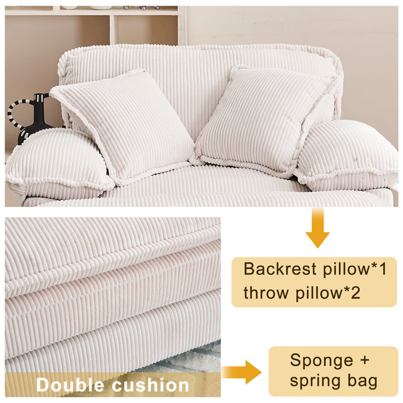 Danicah 46.9-Inch Wide Single Sofa, Comfort Upholstered Recliner with Ottoman, White Corduroy