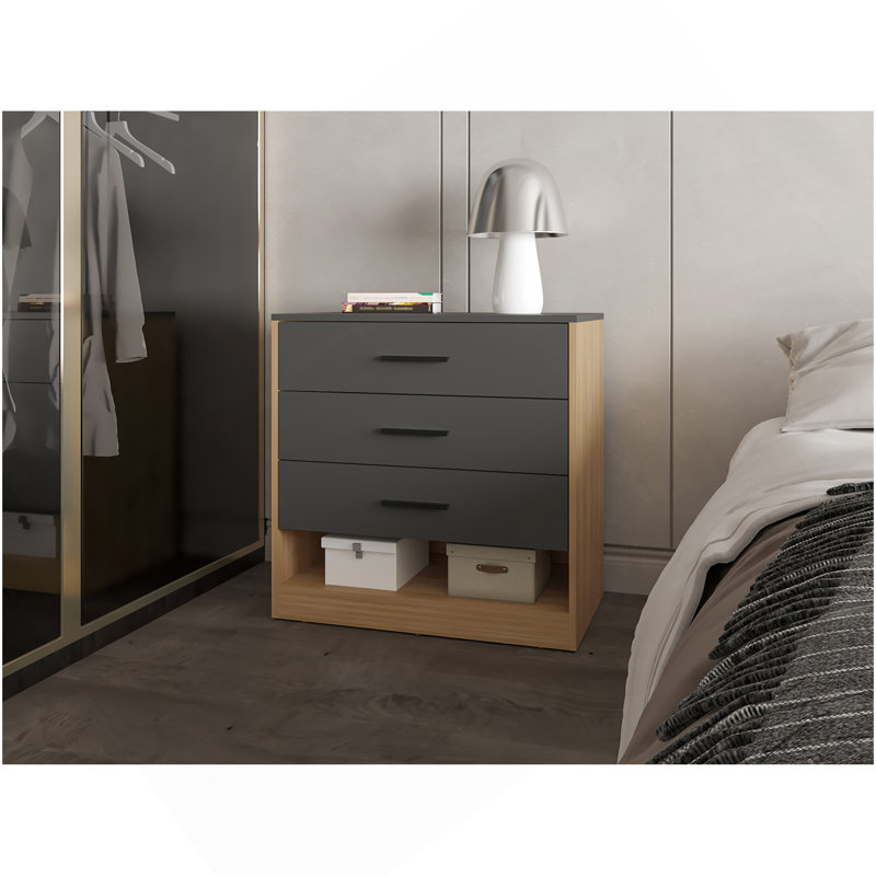Lowrys Dresser With 3 Drawers And Open Shelf, Natural Oak And Matt Grey