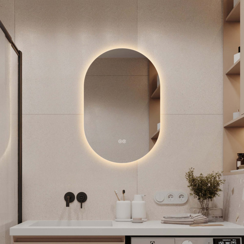 Miroir de salle de bain capsule rétroéclairé par DEL avec fonction antibuée, 3 températures de couleur, variation d'intensité progressive, fonction mémoire, étanchéité IP44, montage horizontal ou vertical