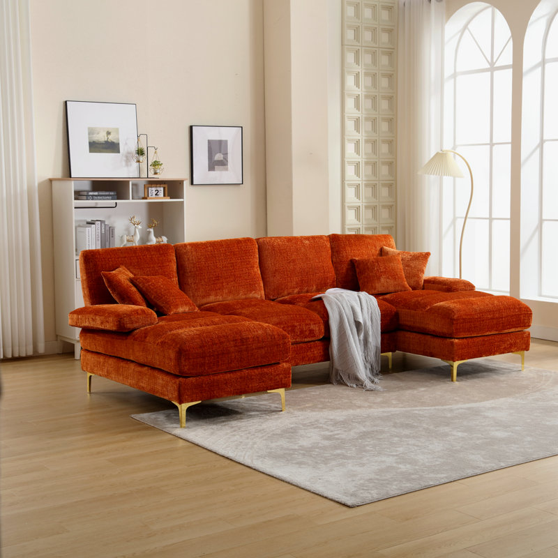 Canapé modulaire en U en chenille de 114,17 po Deira, Chenille orange