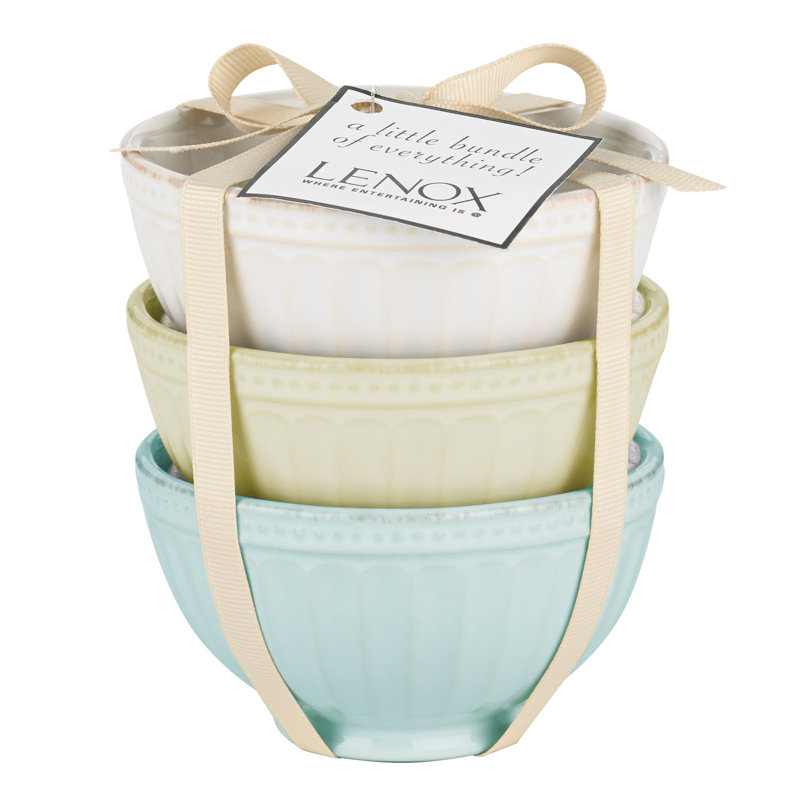 Lenox French Perle Groove 3 Piece Dessert Bowl Set, White, Pistachio & Ice Blue