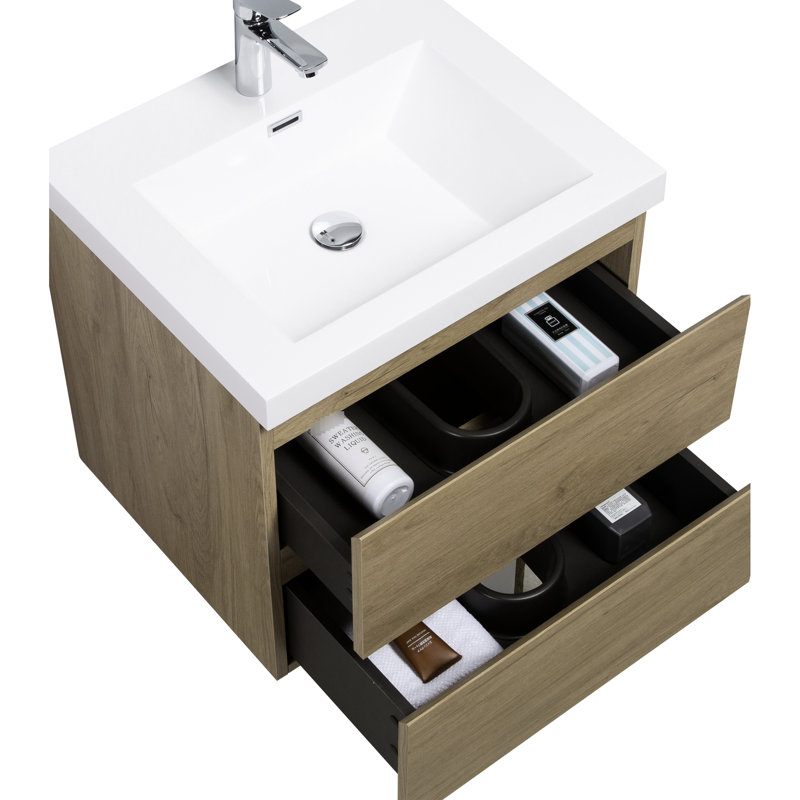 Meuble-lavabo de salle de bain avec lavabo 24 po, armoire moderne avec plateau en résine de chêne naturel et tiroirs à fermeture en douceur 24 po, chêne, lavabo