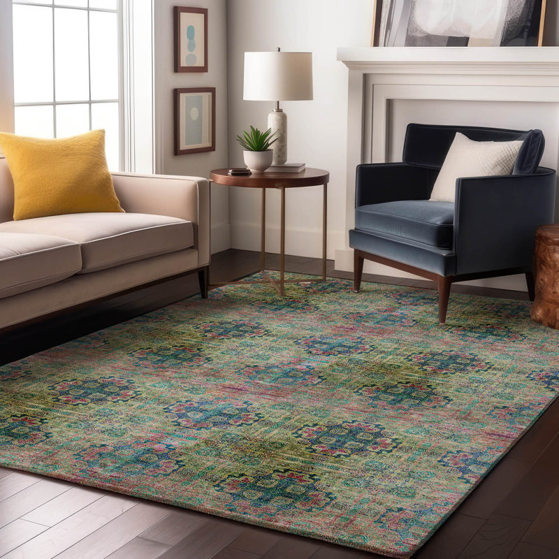 Premium Machine Washable Cerrito AMF557 Green Rug, Rectangle 10' x 14'